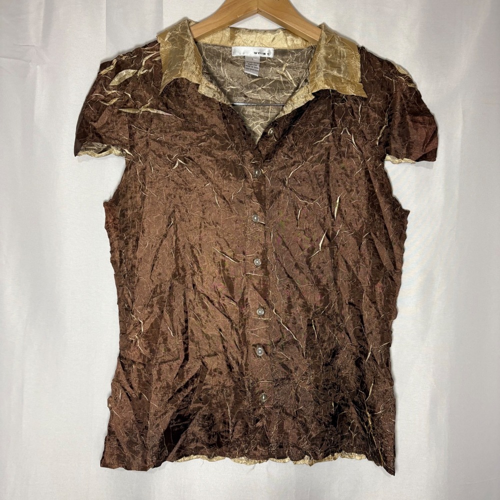 Vintage y2k WDNY Bronze Gold Crinkle Texture Button Down Top Stretch Cap Sleeve